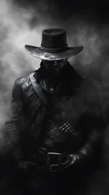 Shadow-sculpted gunslinger wrapped in stormy monochrome fog.