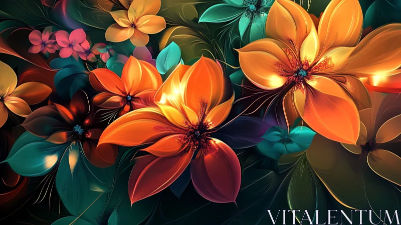 Luminous Digital Flowers Against Dark Background Display