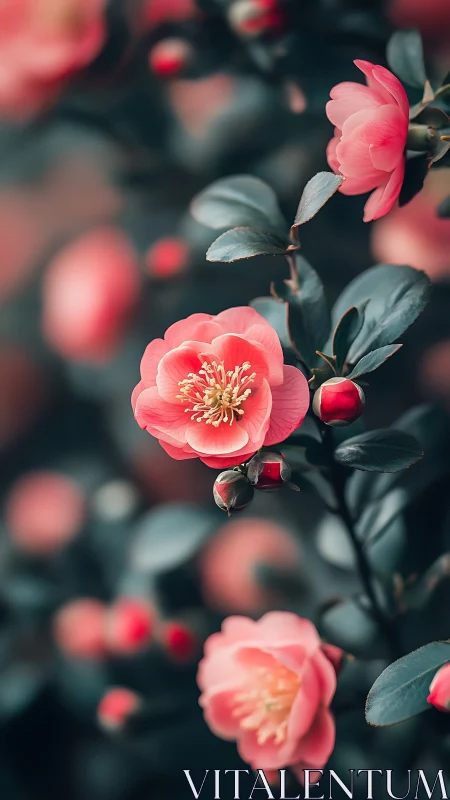 Pink Camellia Flowers with Green Foliage in Botanical Setting