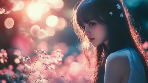 Digital portrait shows young woman in backlit floral setting