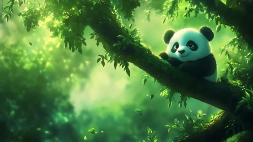 Cute panda cub rests on mossy branch in glowing forest