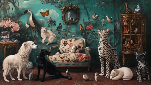 Whimsical menagerie in teal salon with floral armchair.