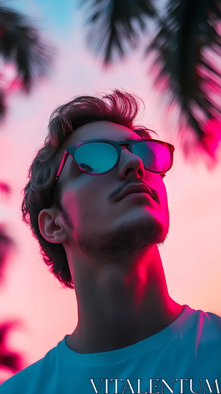 Neon twilight crowns a reflective dreamer in mirrored blues