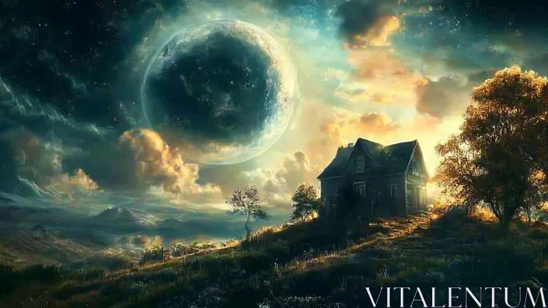 Eerie country house beneath an enormous glowing planet sky.