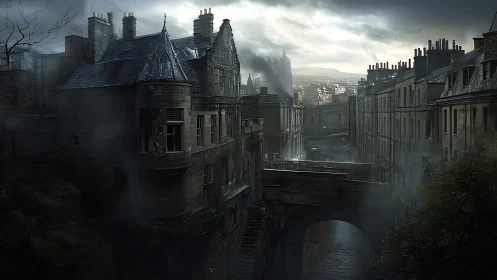 Foggy old city street wrapped in quiet gothic mystery.