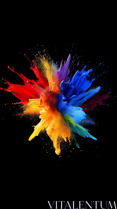 Radial high-velocity pigment burst with saturated chromatic spectrum