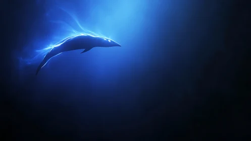 Luminous blue whale silhouette gliding through deep void.