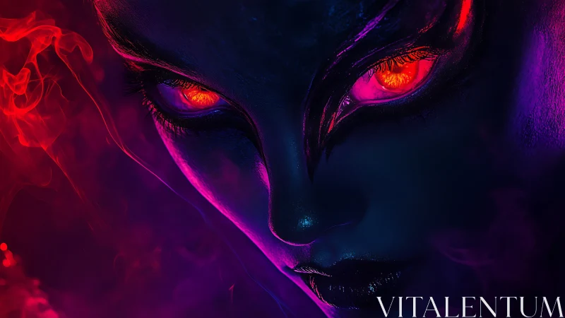 Demonic face glows with molten eyes in neon smoke