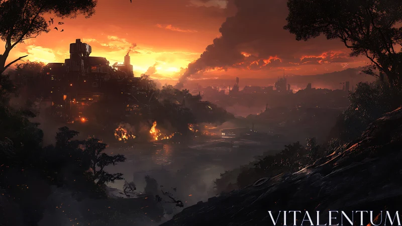 Post-Industrial Dystopian Metropolis: Sunset Inferno Over Ravaged Cityscape.