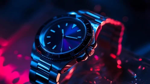 Stainless steel wristwatch under blue and pink lighting.