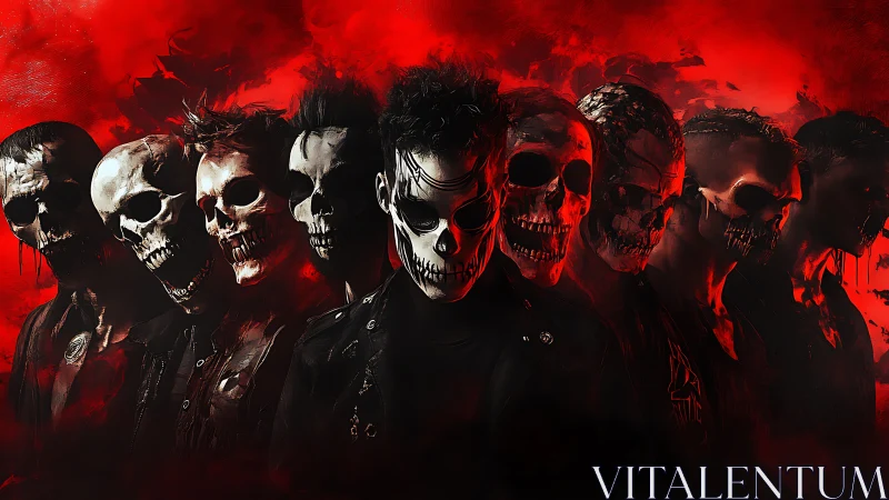 Row of skull-faced figures in dense red atmospheric field.