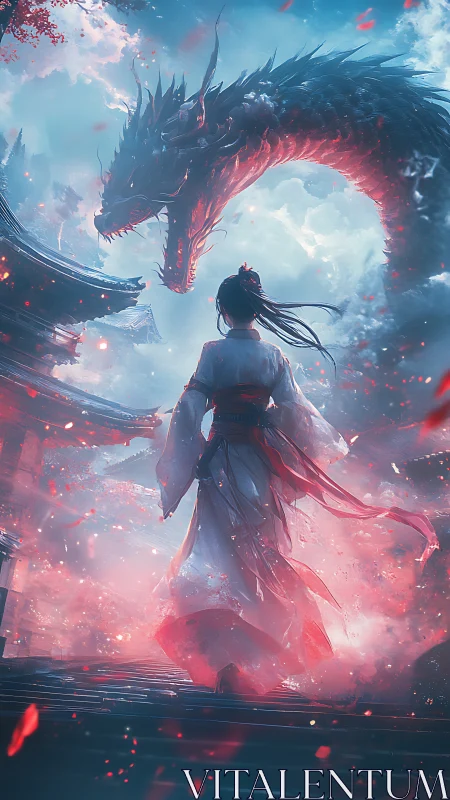 Mystic shrine maiden confronts blazing celestial dragon guardian.