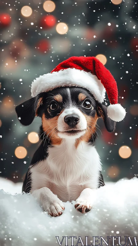 Christmas puppy wears Santa hat amid glowing bokeh snow