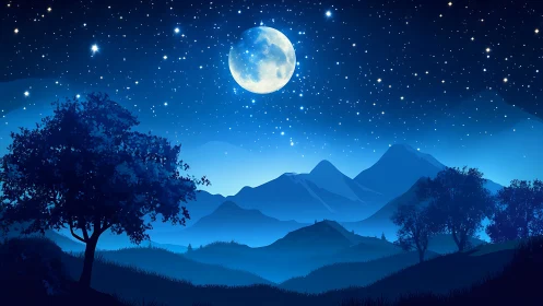 Full moon illuminates layered blue mountains and valley night