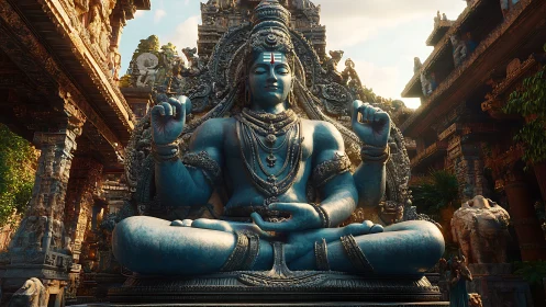 Blue seated deity statue in ornate temple courtyard setting.
