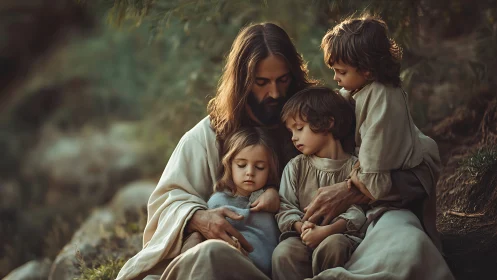 Serene robed figure sitting outdoors with three quiet children.