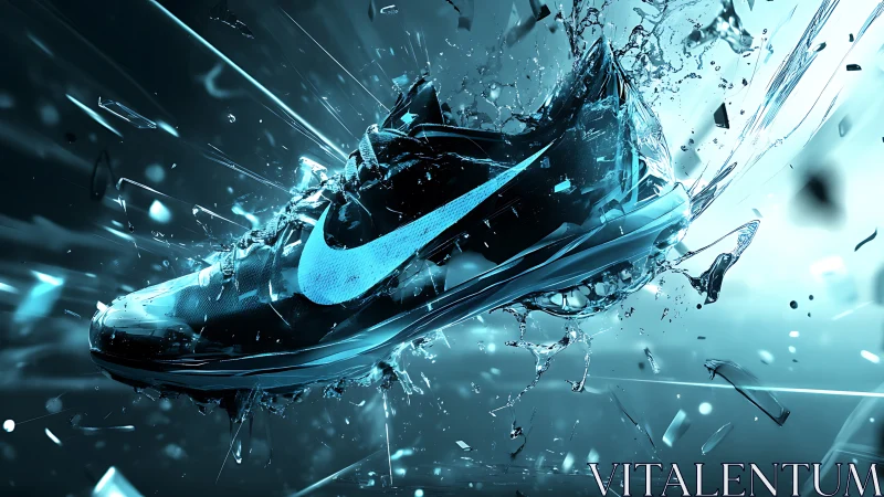 Futuristic blue running shoe bursts through glass shards.