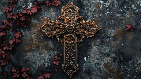 Baroque metal cross with ornate relief on weathered stone wall