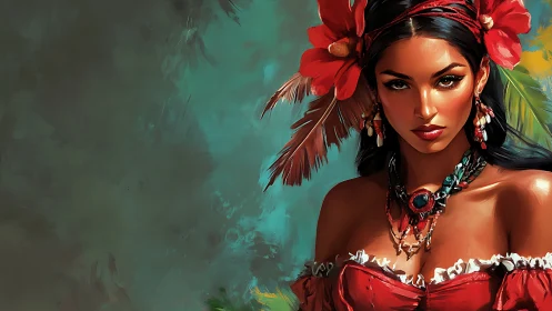 Chromatic portrait of jeweled islander in dynamic brushwork.