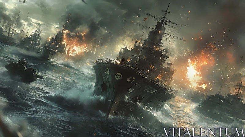 Warships advance through rough sea amid distant explosions