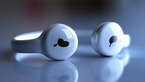 Spherical Sentinels: White Headphones Dance in Azure Light.