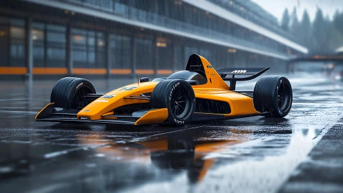 Futuristic orange race car gleams on wet pit lane in rain.