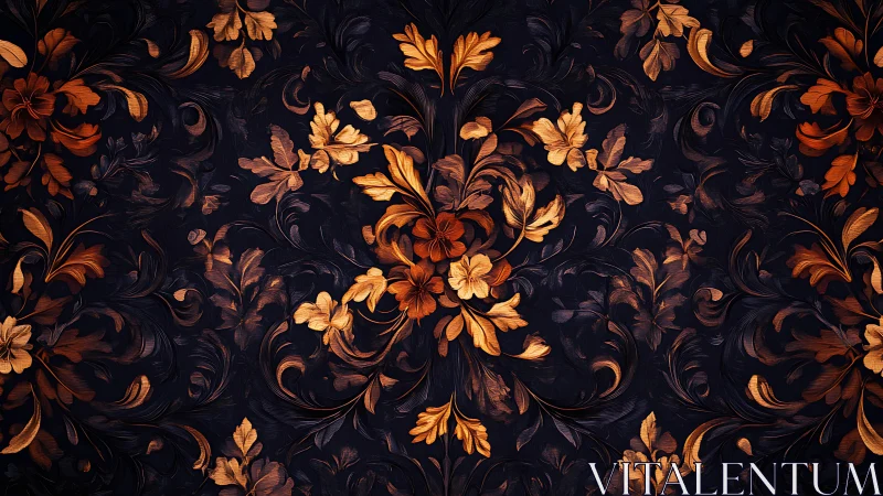 Ornate copper floral damask on deep midnight background.