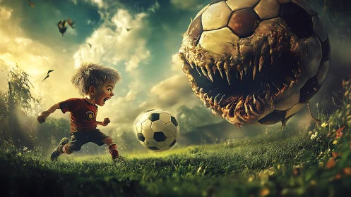 Brave young soccer player confronts monstrous ball on field.