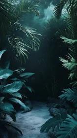 Lush emerald jungle path dissolves into misty shadowed depth.