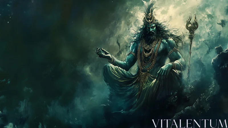 Majestic sea deity rests in swirling stormlit waters