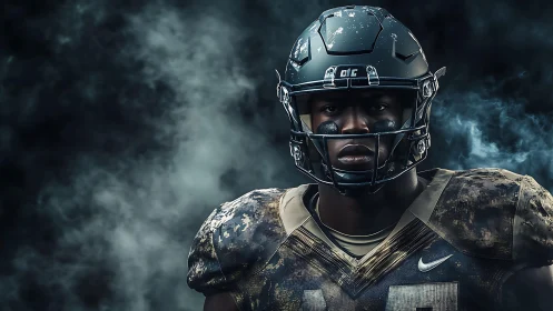 Gridiron sentinel emerges from stormlit battlefield haze.