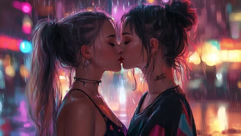 Neon-Lit Urban Romance: Two Figures Kiss in Rain.