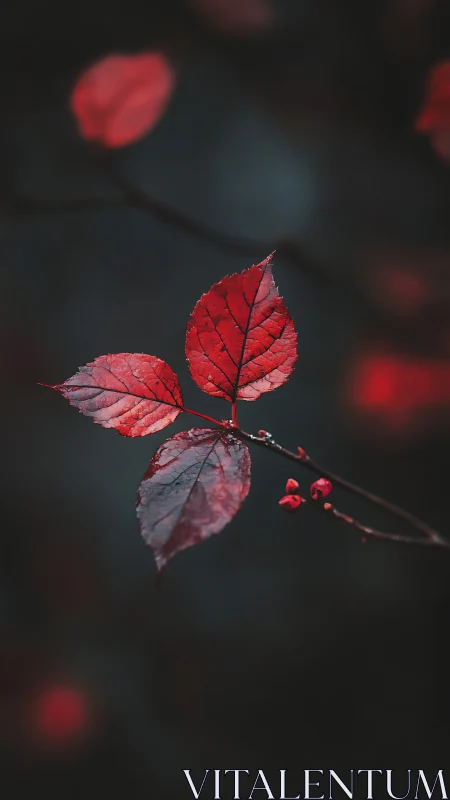Macro study of crimson autumn leaves on dark desaturated bokeh field