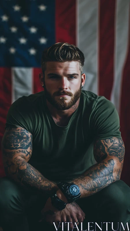 Tattooed military-styled portrait before defocused US flag.