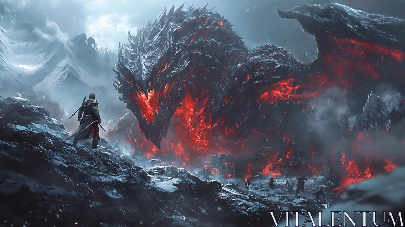 Warrior confronts lava-scaled dragon in glacial mountain pass