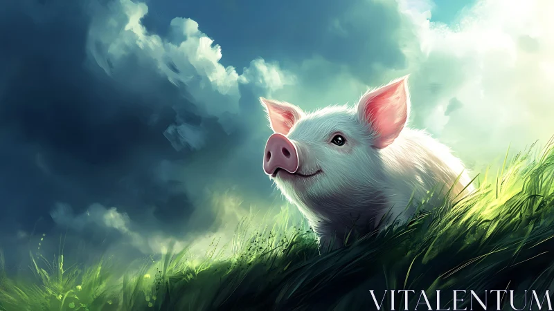 Sunlit white piglet in vivid meadow with stormy sky.