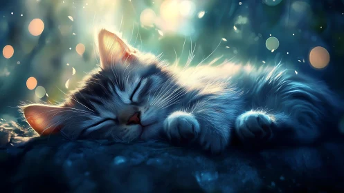 Peaceful Blue Kitty Resting in Magical Light.