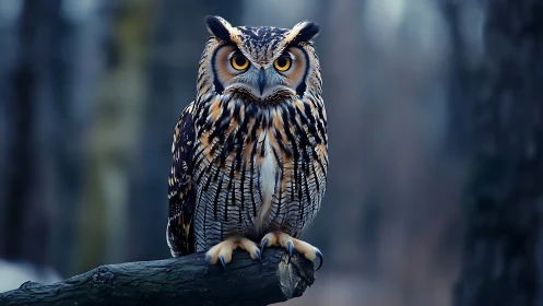 Majestic owl perched on branch in moody forest, realistic style.