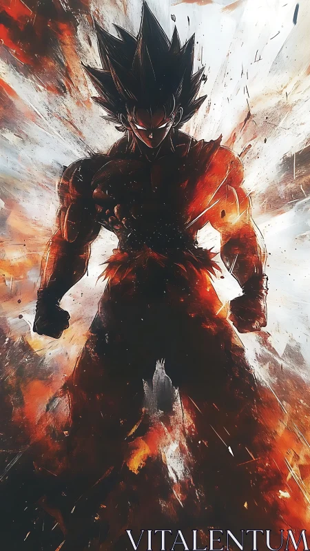 Explosive warrior silhouette amid fiery abstract energy storm.