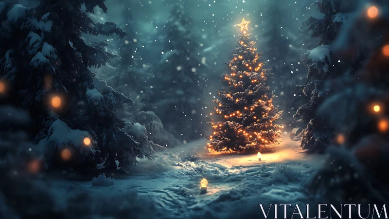 Golden Christmas tree glowing softly in a snowy forest.