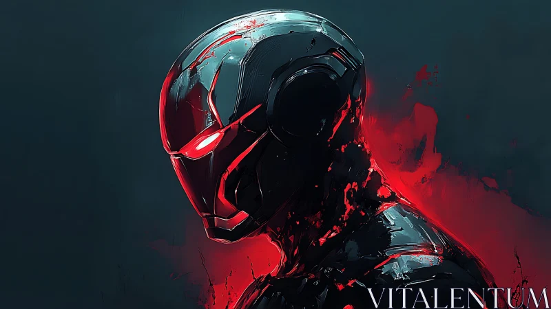 Cybernetic warrior glows in molten red against dark void.