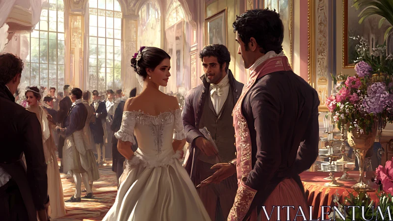 Regency ballroom dialogue under gilded afternoon light.