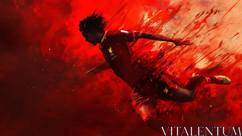 Dynamic red footballer explosion in abstract motion art.