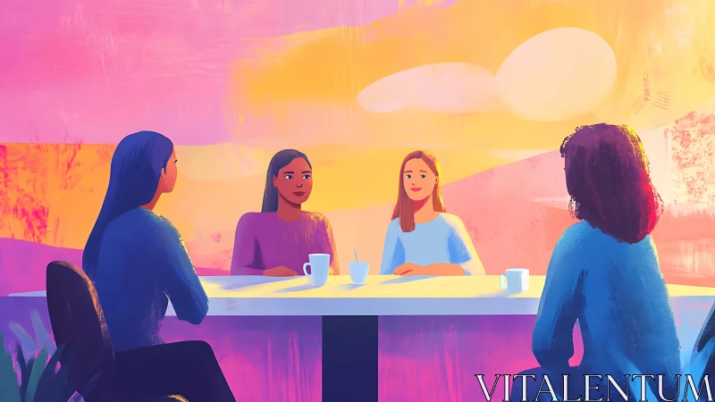 Four women in a vibrant meeting, digital painting with warm colors.