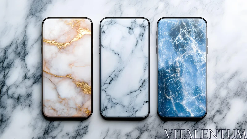 Modern smartphones with elegant marble textured screens displayed.