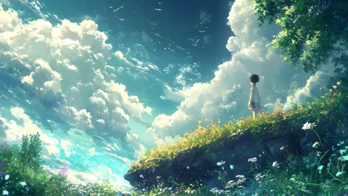 Child on flowered cliff beneath expansive cloudy sky.