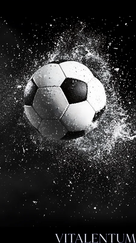 Soccer ball explodes through water spray on a dark backdrop