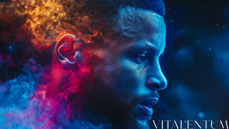 Bichromatic thermal portrait with volumetric fire and ice fields.