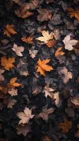 Moody overhead study of fallen maple leaves in autumn tones.