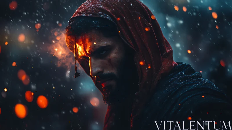 Hooded warrior stares through embers in a stormy night fire